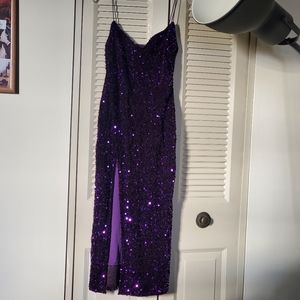 purple sequin midi dress with slit